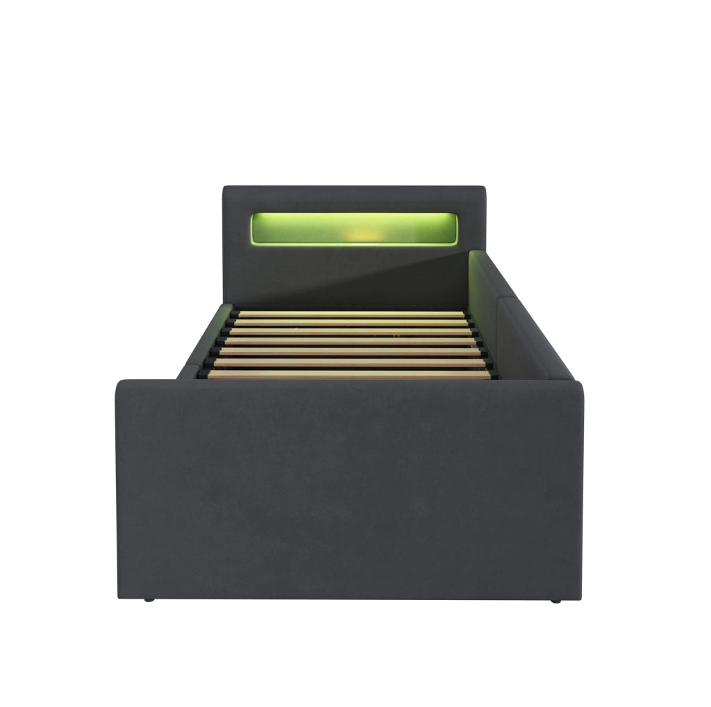 Letto imbottito per bambini 90x200 cm con LED, USB e contenitore in velluto grigio