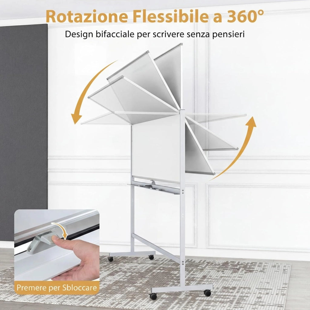 Lavagna Bianca Mobile, Lavagna Magnetica Cancellabile Doppia Faccia con Cavalletto, 2 Altezze Regolabili e Ruote Bloccabili (186 x 54 x 195/215 cm,Bianco)