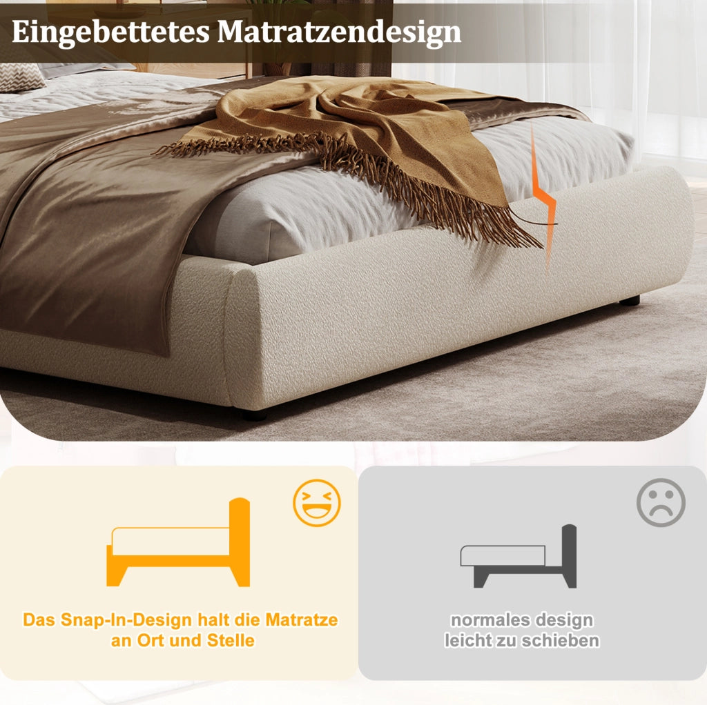 Letto imbottito beige in bouclé con rete a doghe