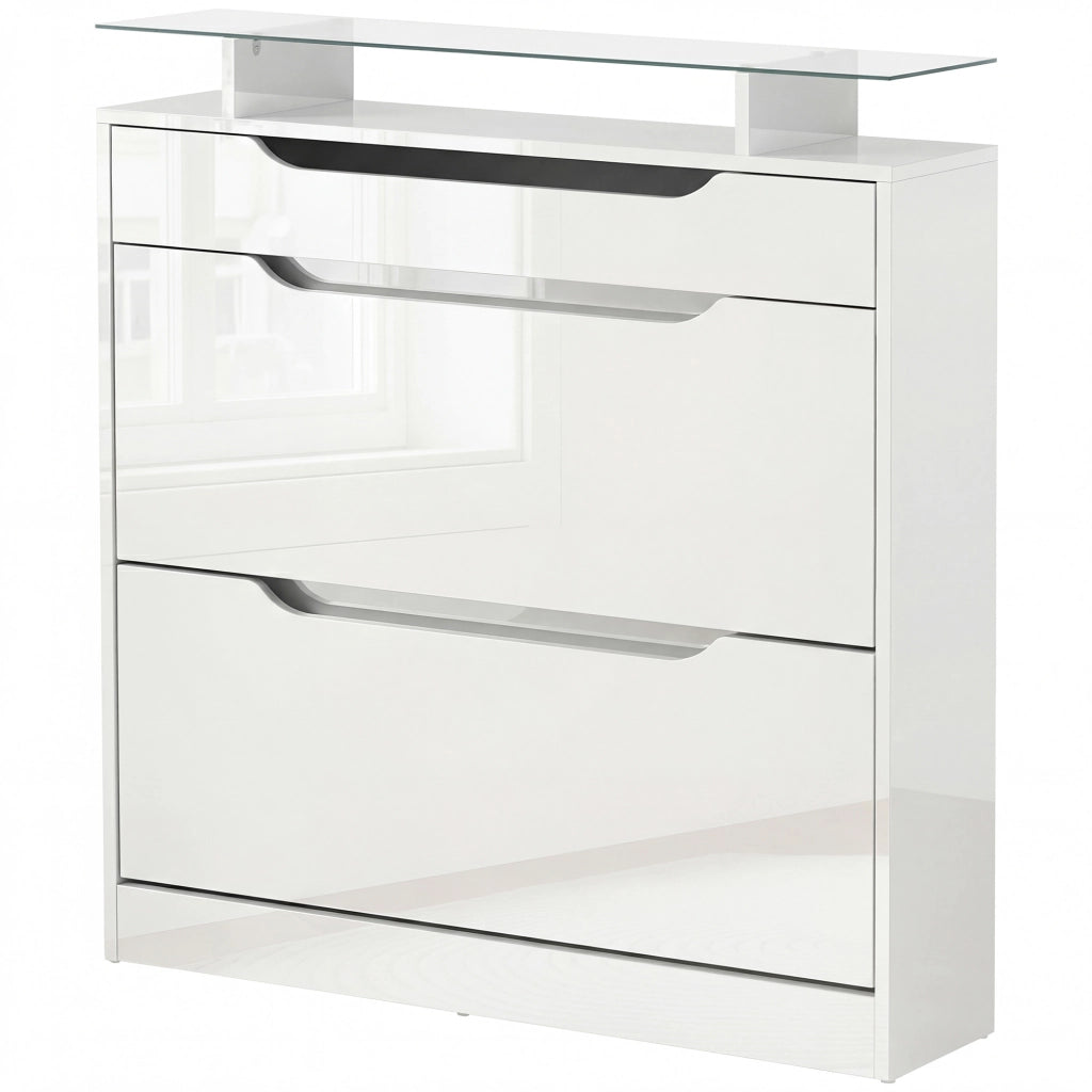 Scarpiera con 2 Ante a Ribalta e Cassetto, Portascarpe Salvaspazio in Vetro con Ripiani Regolabili ¨C zephmum ¨C 89x23x96cm, Bianco Lucido