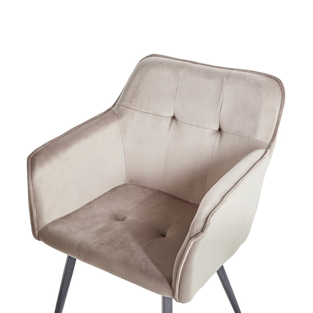 Set di 2 sedie da pranzo con sedile imbottito in velluto beige tortora con braccioli e gambe in metallo Nero