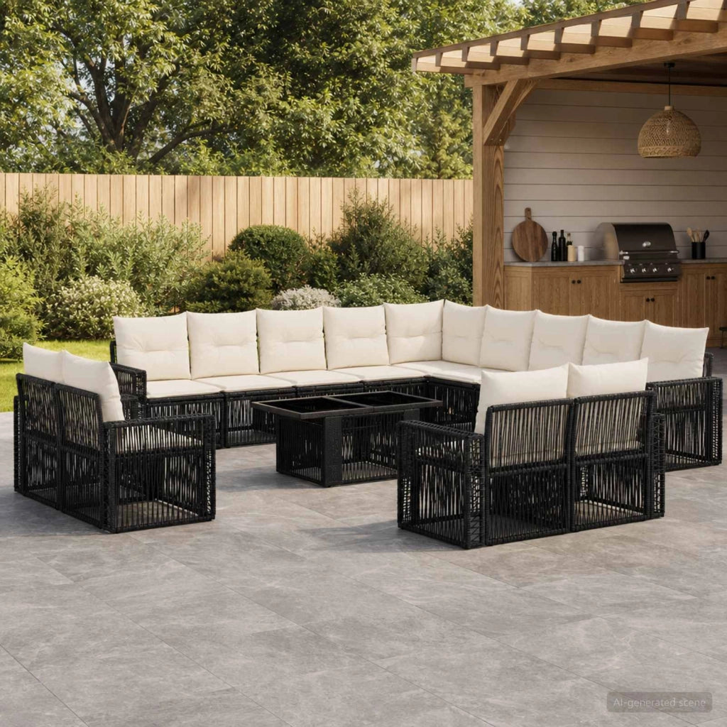 Set Divano da Giardino 14 pz Nero e Bianco Crema polyrattan 3436876