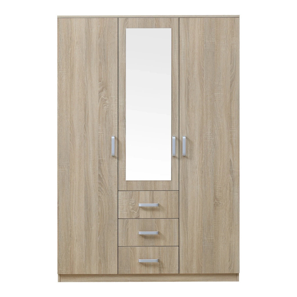 Armadio moderno per camera da letto mobile contenitore senza tempo 5 ripiani 3 cassetti + specchio MDF 176 x 120 x 52 cm effetto rovere Sonoma 03_0006369