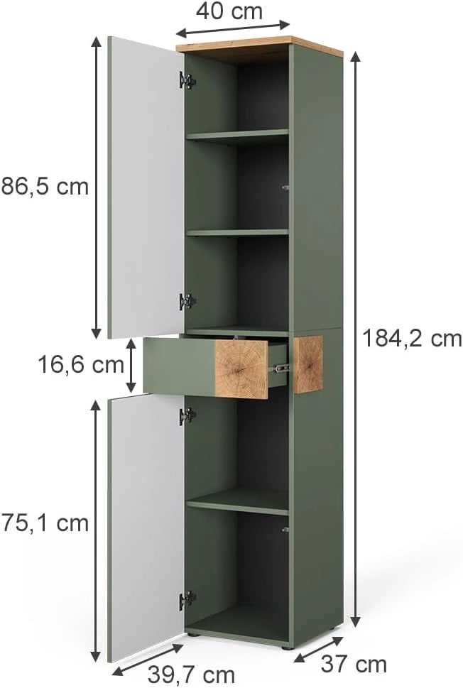Armadio per il bagno Eden, Verde, 40 x 184.2 cm con 2 ante e 1 cassetto, ampio spazio per gli utensili da bagno