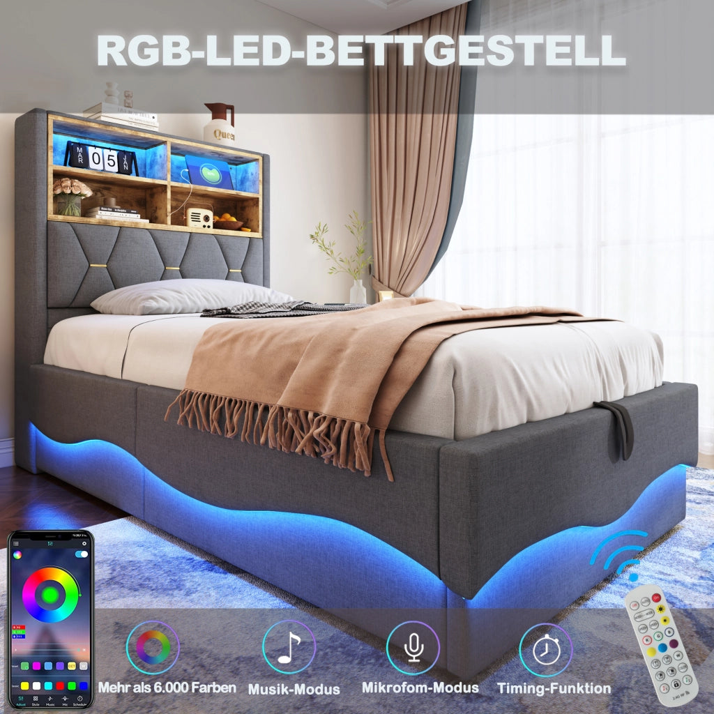 LETTO Multifunzione 90x200 cm Grigio in ferro con LED, USB e vano contenitore