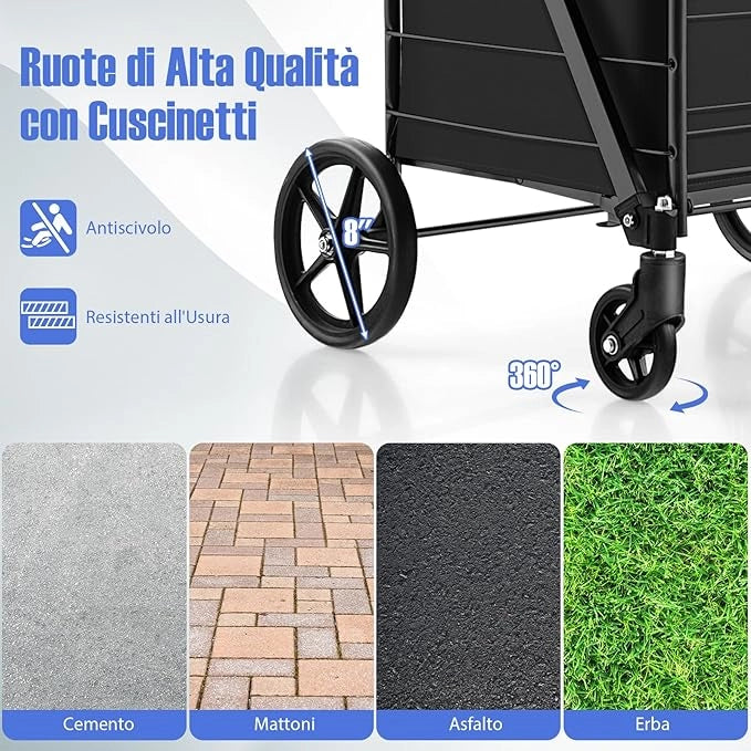 Carrello Portaspesa Pieghevole con Sacca, Carrello della Spesa Pieghevole con Ruote Girevoli a 360°, 2 Cesti, Capacità di Carico: 150 kg, 126 L, 66 x 64 x 103 cm (Nero)
