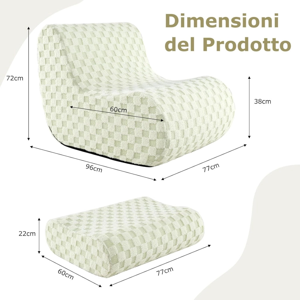 Sedia a Sacco con Pouf, Divano in Spugna ad Alta Elasticità, Fondo Antiscivolo e Copertura in Velluto Lavabile, Comoda Poltrona Pigra per Soggiorno Camera da Letto Sala Lettura (Verde)