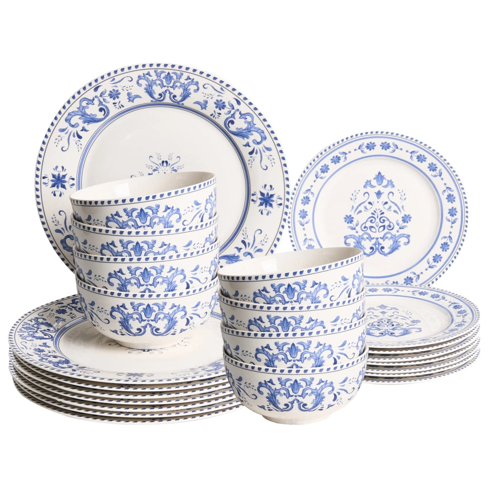 Set da 24 stoviglie in porcellana con motivo astratto bianco e blu, con finitura smaltata, per cucina e sala da pranzo