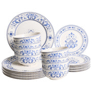 Set da 24 stoviglie in porcellana con motivo astratto bianco e blu, con finitura smaltata, per cucina e sala da pranzo