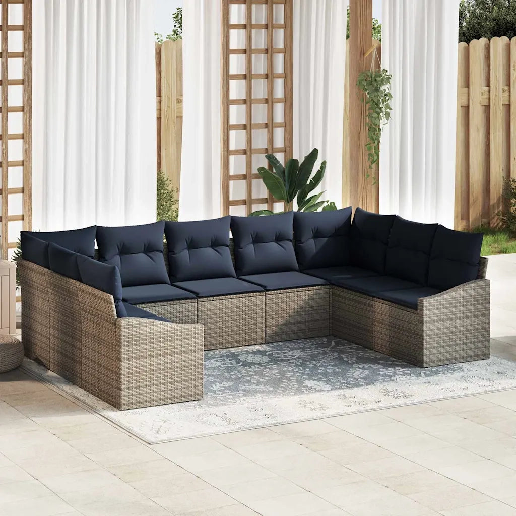 Set Divano da Giardino 9 pcs Grigio e Blu Navy polyrattan 3355554