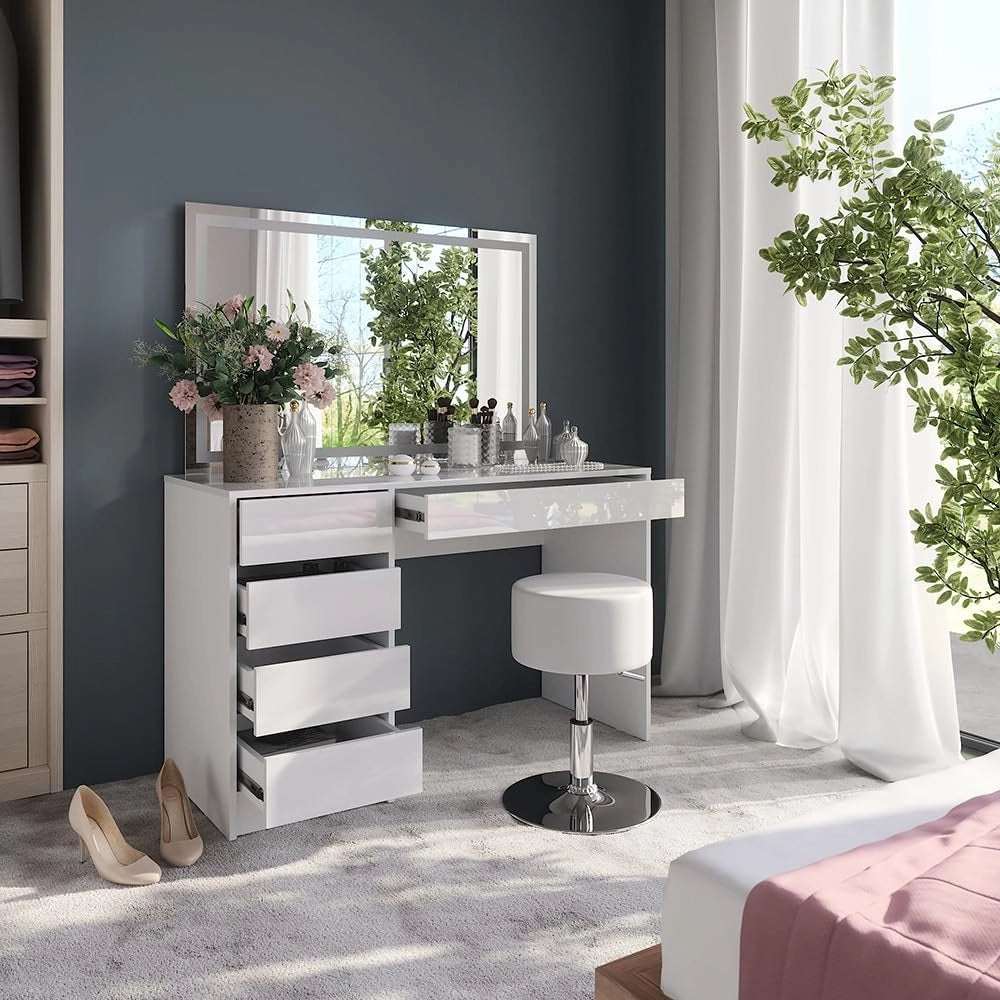 Tavolo da toeletta Sherry, Bianco/bianco lucido, 119.8 cm con specchio LED e sgabello