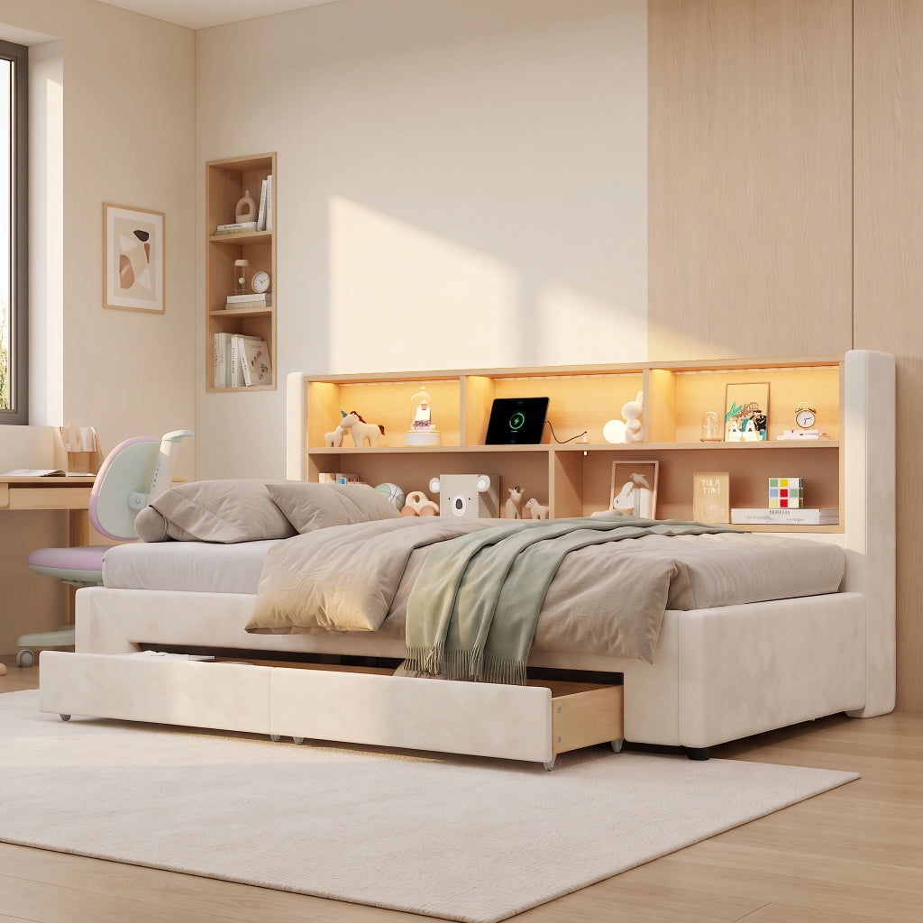 Letto daybed estraibile con cassetti, porte USB e LED, in velluto beige, 90x200 cm, con rete a doghe