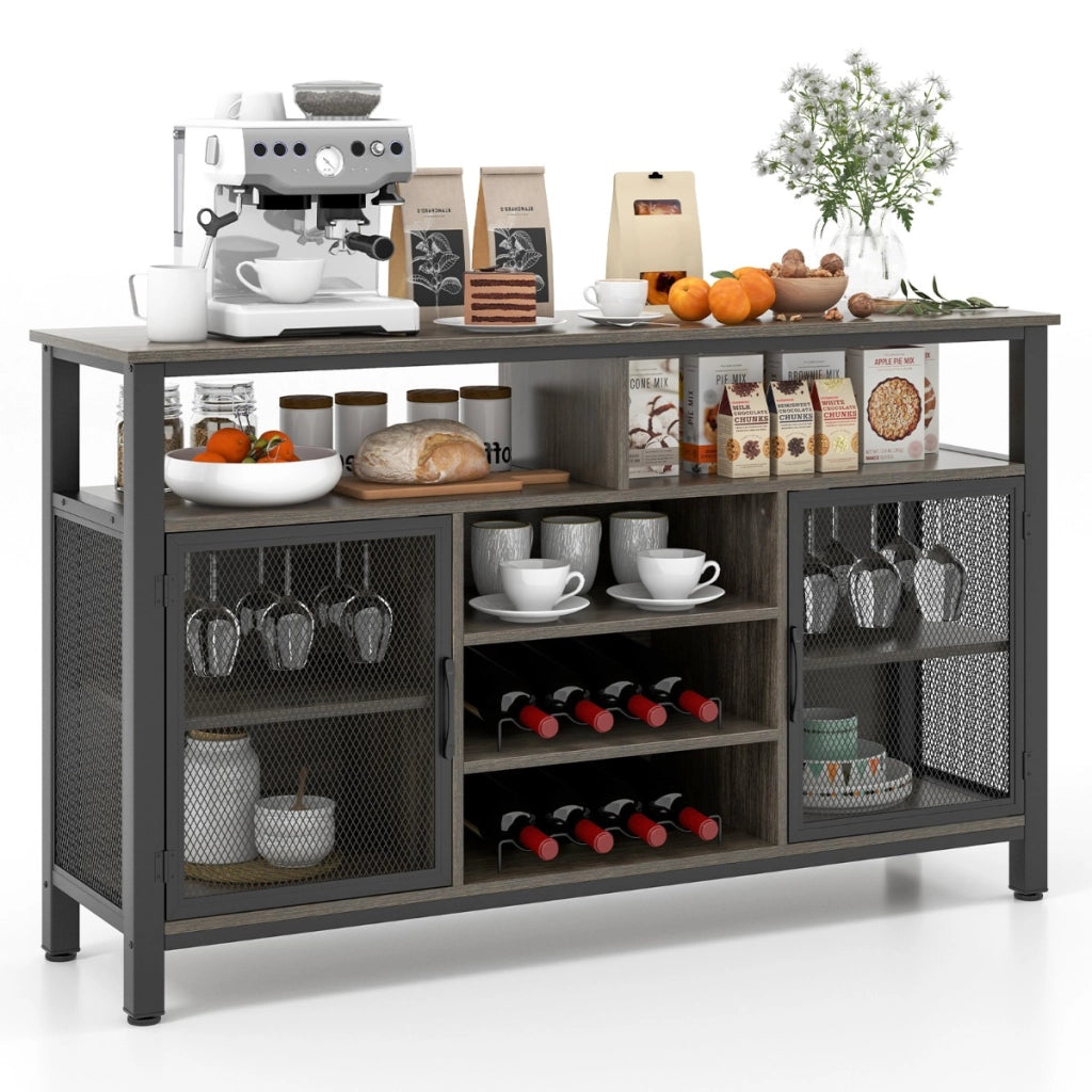 Credenza per vino da 140cm con portabottiglie per 8 bottiglie-Mobiletto per caff¨¨ con porte in rete metallica Grigio