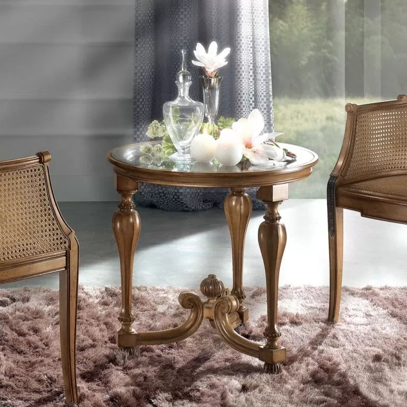 Tavolino rotondo classico legno piano vetro bassano 62x62x60 - Mobili 2G