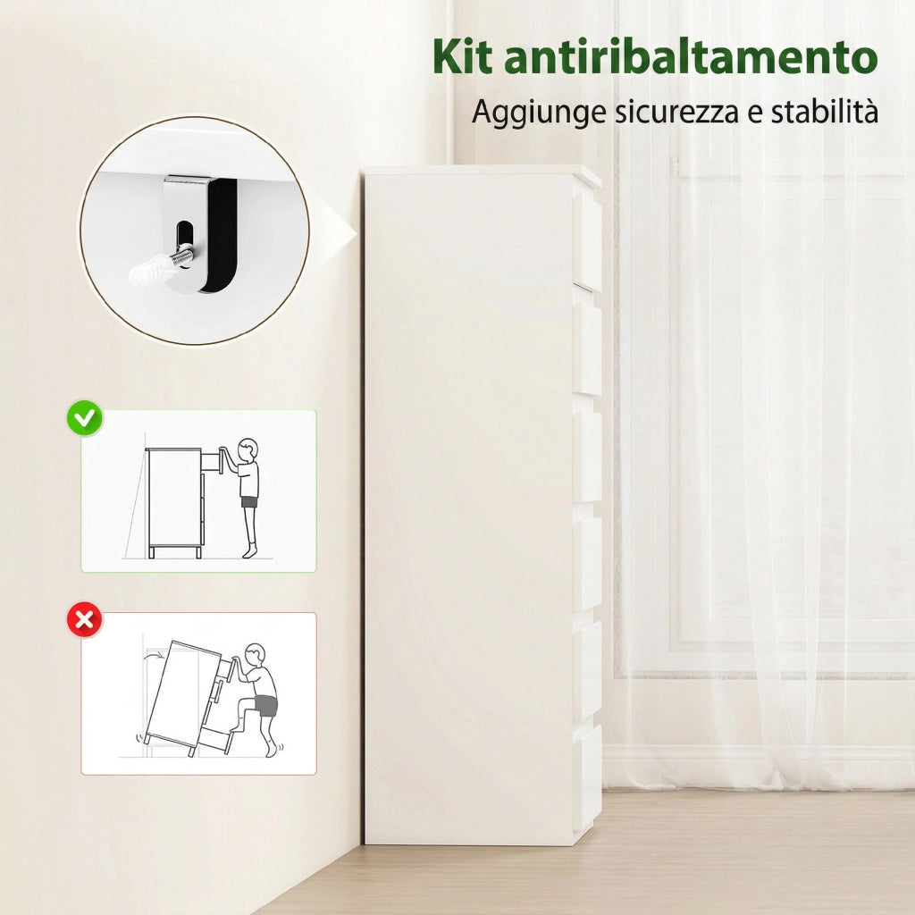 Comò Slim 40x35x109 cm 6 Cassetti Finitura Lucida in MDF Bianco