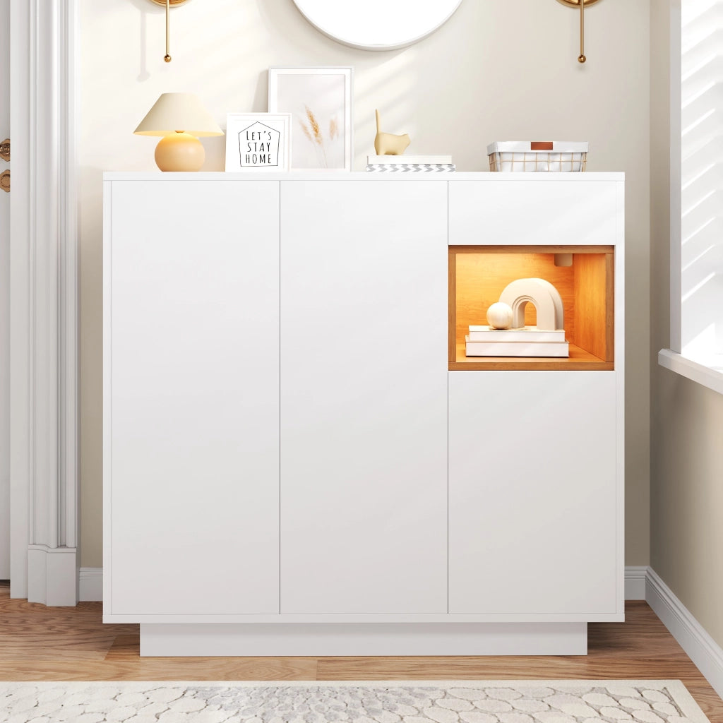 Mobile Scarpiera con 1 Cassetto e LED 16 Colori; Ripiani Regolabili; Stile Moderno; in Pannello Truciolare; Bianco e Naturale; 105??39;5??100;5 cm