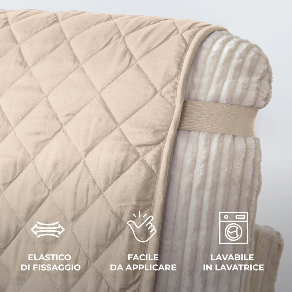 Copridivano Con Braccioli Antimacchia Trapuntato Protettore Impermeabile Salvadivano Idrorepellente Imbottito Con Elastico Antiscivolo Beige - Divano 4 posti