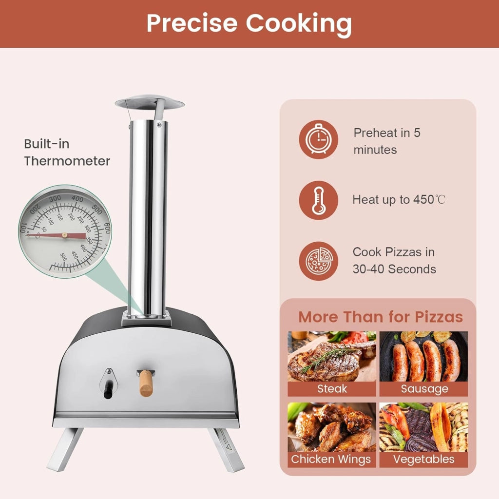 Forno per pizza all'aperto, portatile a legna con pietra per pizza, termometro, forno per pizza in acciaio inox, forno per pizza per barbecue e campeggio