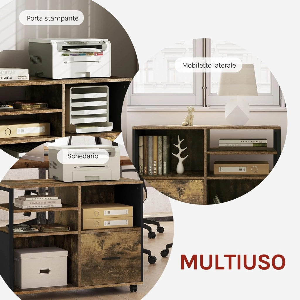 Schedario da Ufficio con 4 Scomparti a Giorno, Mobile da Ufficio per Documenti con Ruote, Mobile Vintage per Stampante con 1 Cassetto, in Legno e Metallo, Marrone Rustico e Nero, ASK05hov
