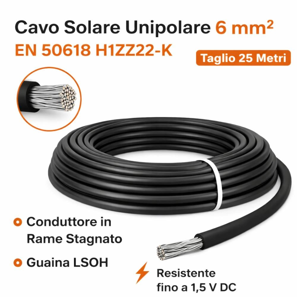 Cavo solare unipolare nero 6 mm² en 50618 per impianti fotovoltaici *** lunghezza metri 25, confezione 1