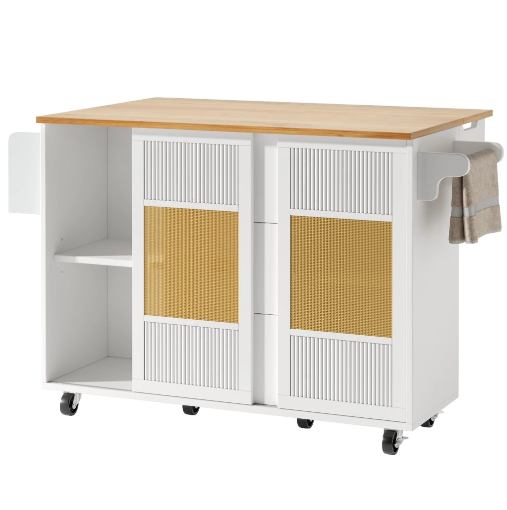 Isola cucina 146.85x70x90 cm con piano ribaltabile e ruote in MDF e metallo bianco