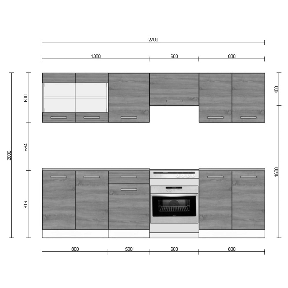 Mobile da cucina Raul Sonoma/Bianco 270 cm, PL Marmo con striscia LED Vicco