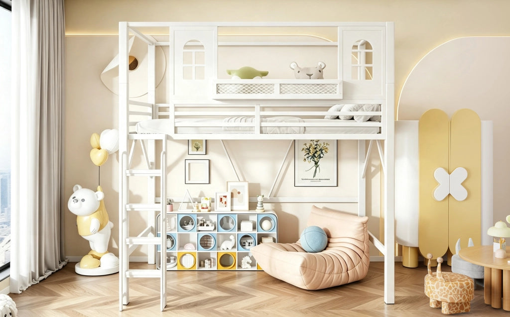 Letto a soppalco ULEVR 90x200 cm con tetto e finestre, scala con corrimano e ripiano, bianco