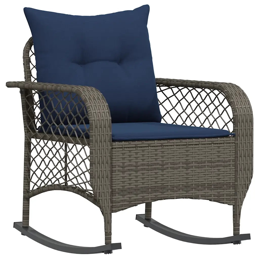 Sedia a Dondolo da Giardino con Cuscini in Polyrattan Grigio