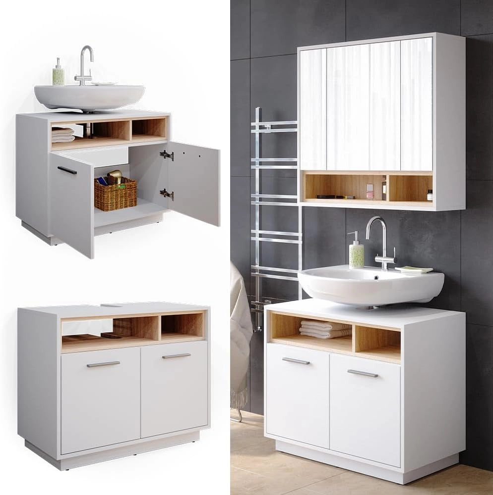Mobile sottolavabo per bagno Beatrice, Bianco, 80 x 64 cm, con ritaglio per sifone e ripiani aperti