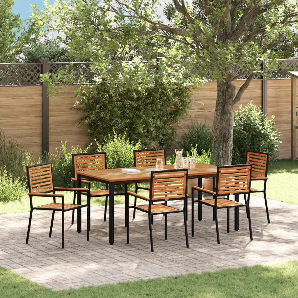 Set da Pranzo Giardino 7 Pezzi Rattan Sintetico Nero Acacia