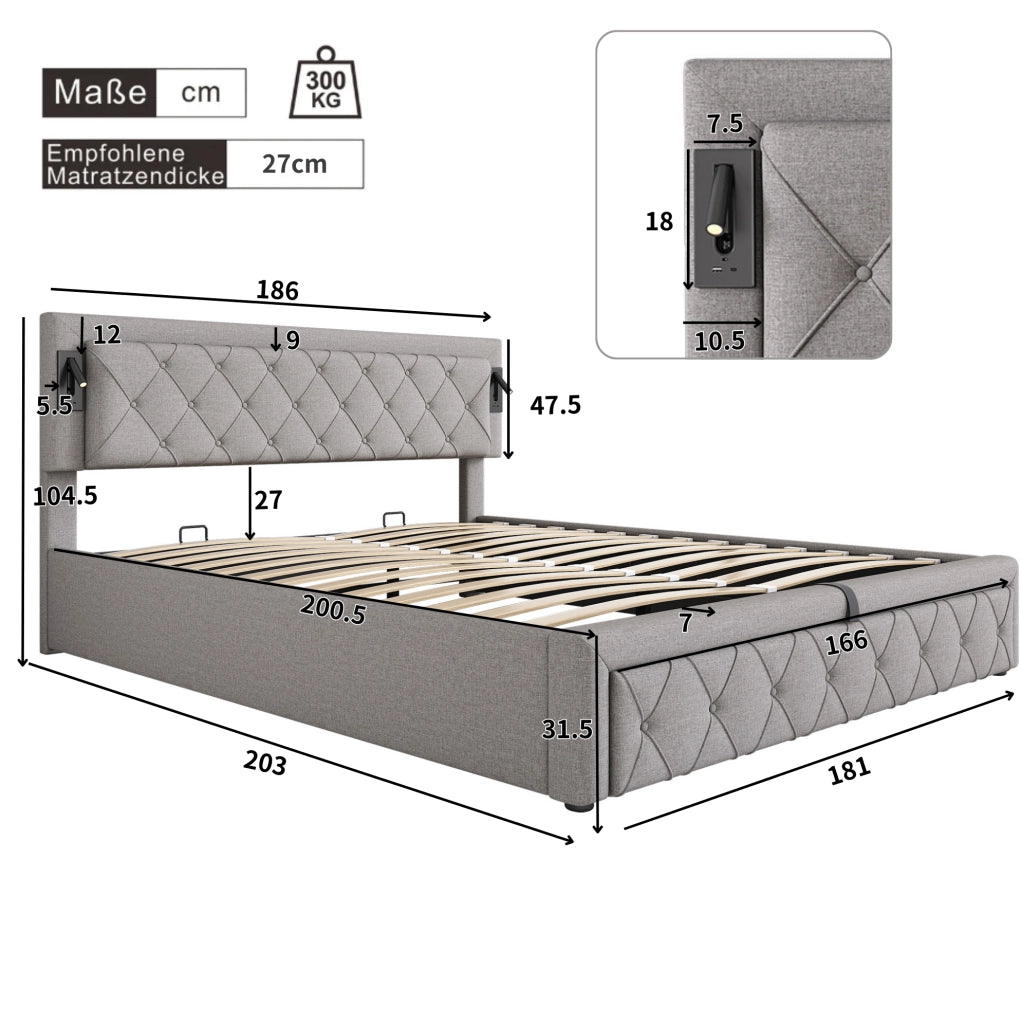 Letto imbottito con contenitore, luci e USB, grigio