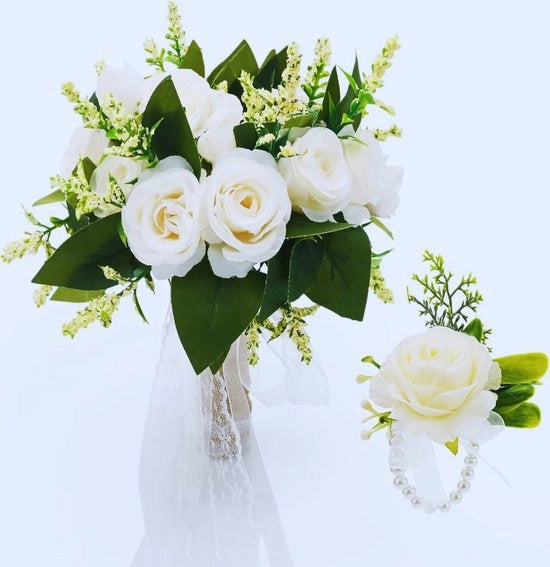 Bozza di Fiori di Sposa e di Polso - Fiori Artificiali per Matrimonio - Fiori di Seta Faux per Sposa e Damigella - Decorazione di Matrimonio Stilizzata