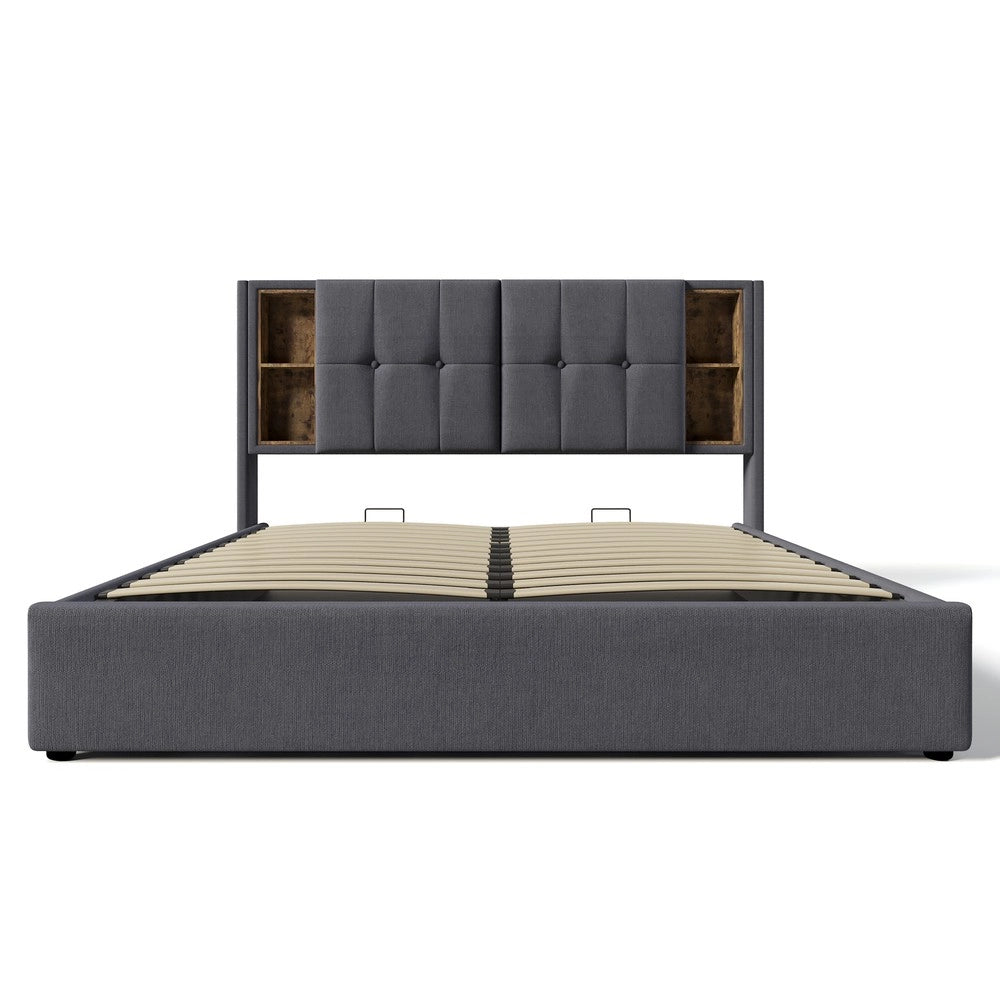 Letto Matrimoniale Contenitore Imbottito ¨C MINIMAL ¨C Grigio, 180x200, Doghe in Legno, Ricarica USB