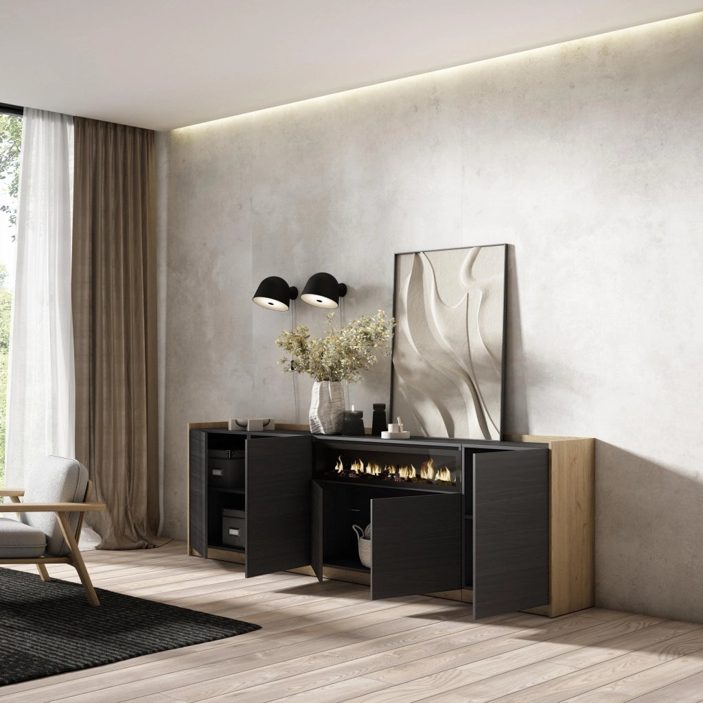 Credenza, Mobile, Cucina, 260x80x37 cm, 5 Porte, Camino elettrico, Nero e rovere