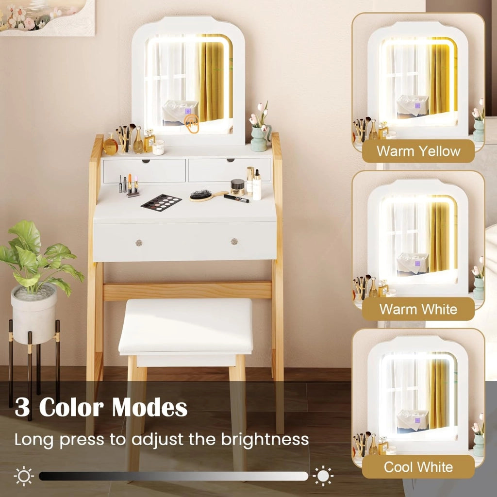 Set da toeletta compatto con sgabello imbottito, specchio illuminato in 3 colori e 3 cassetti, tavolo da trucco con altezza regolabile, 64 x 40 x 130 cm, bianco