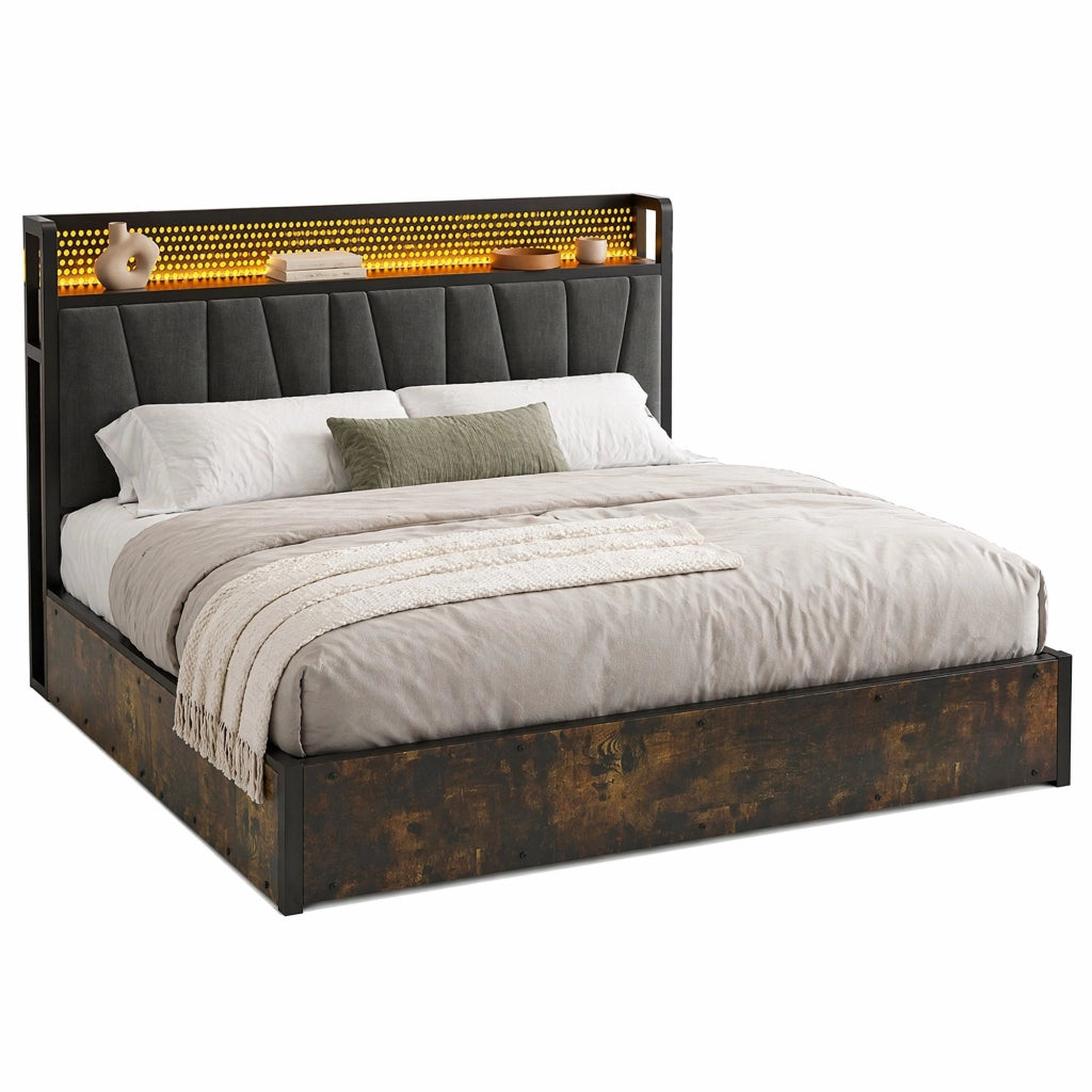 Letto matrimoniale 180x200 cm in tessuto grigio con LED RGBW; prese e USB; contenitore