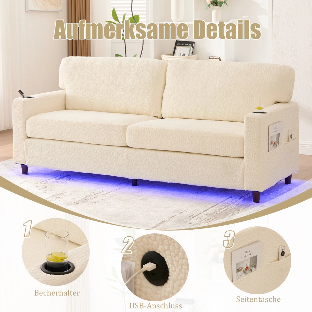 Divano 2 posti in ciniglia beige con LED, USB-C e portabevande