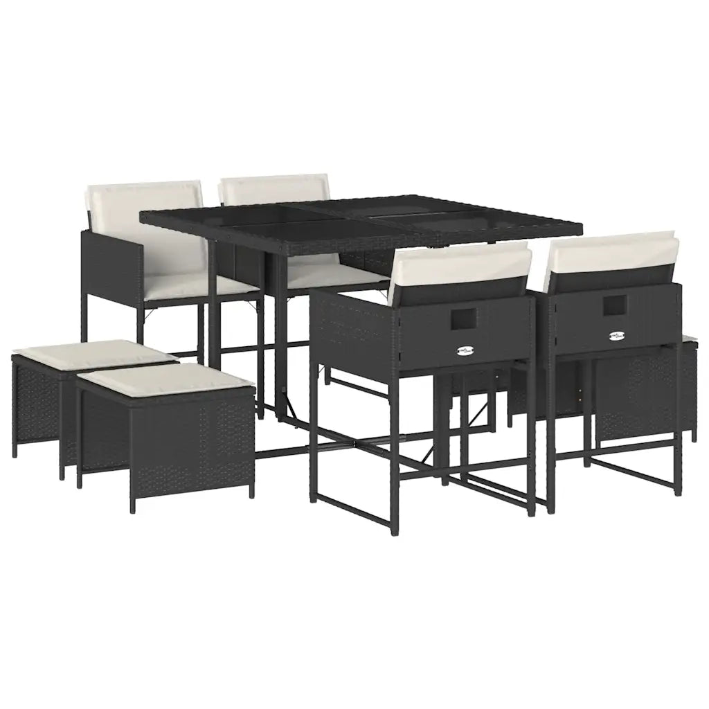 Set da Pranzo da Giardino 9 pz | Set Salotto da Giardino con Cuscini Nero in Polyrattan