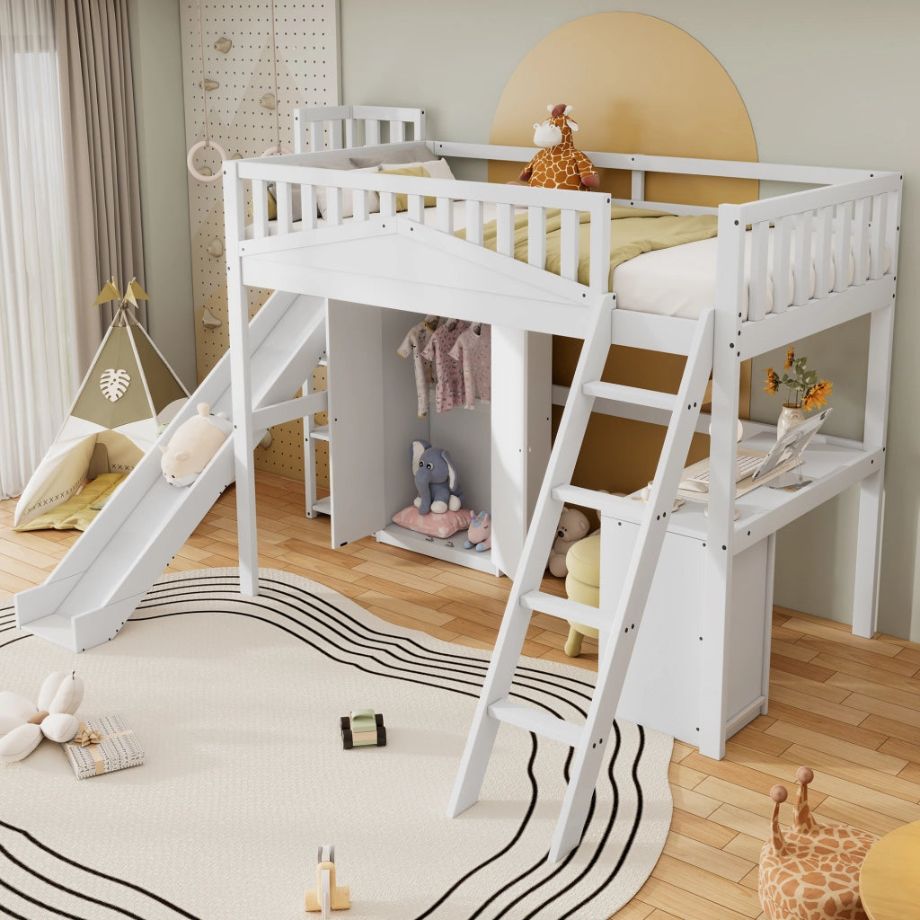 DESMIU Letto a castello Letto per bambini 1 posto con scivolo, scrivania e armadio, 90 × 200 cm, senza materasso, bianco