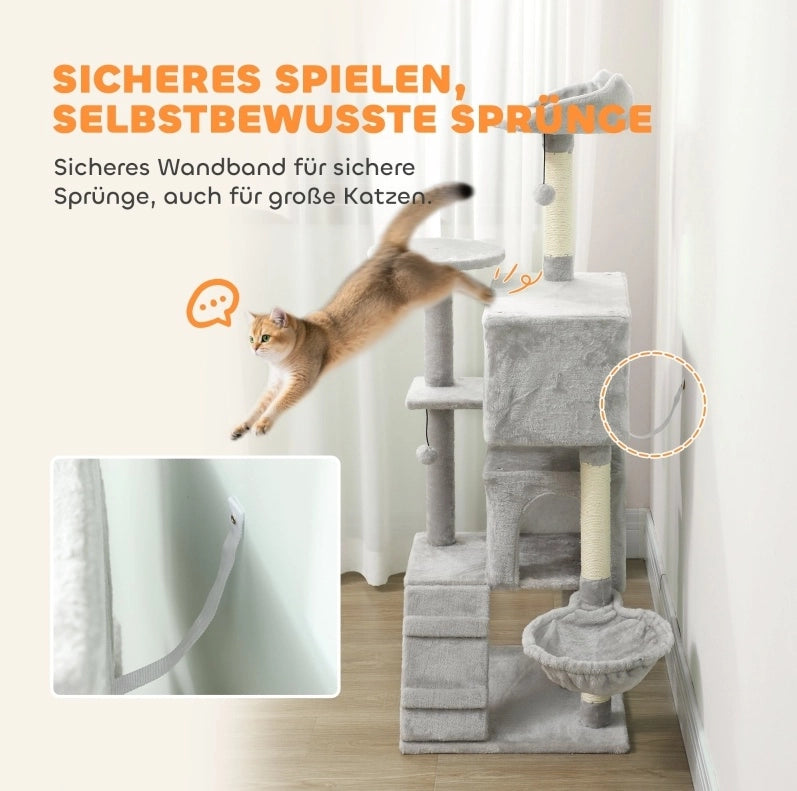 Albero tiragraffi per gatti 140 cm in poliestere e sisal grigio chiaro