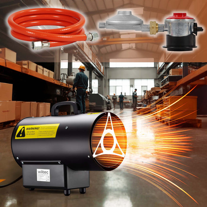 Generatore di calore a gas GPL, 15 kW 30 W 320m³/ora, cannone aria calda con avviamento piezoelettrico, incluso riduttore di pressione del gas per la Spagna 700 mbar con tubo da 1,5 m