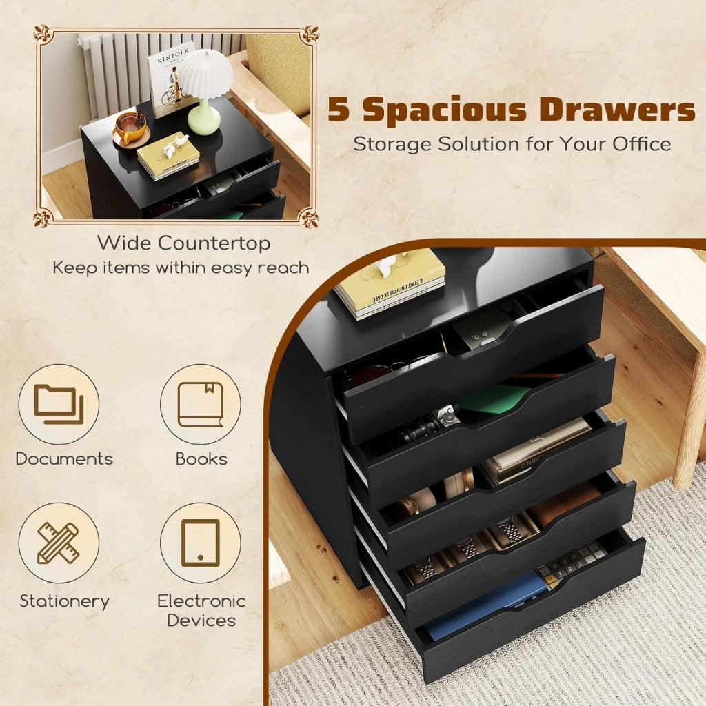Cassetto da scrivania mobile con 5 cassetti da ufficio, mobile da ufficio, organizer con ruote, supporto per stampante per cartelle, documenti, documenti, carta, 48 x 39,5 x 69,5 cm (Nero)