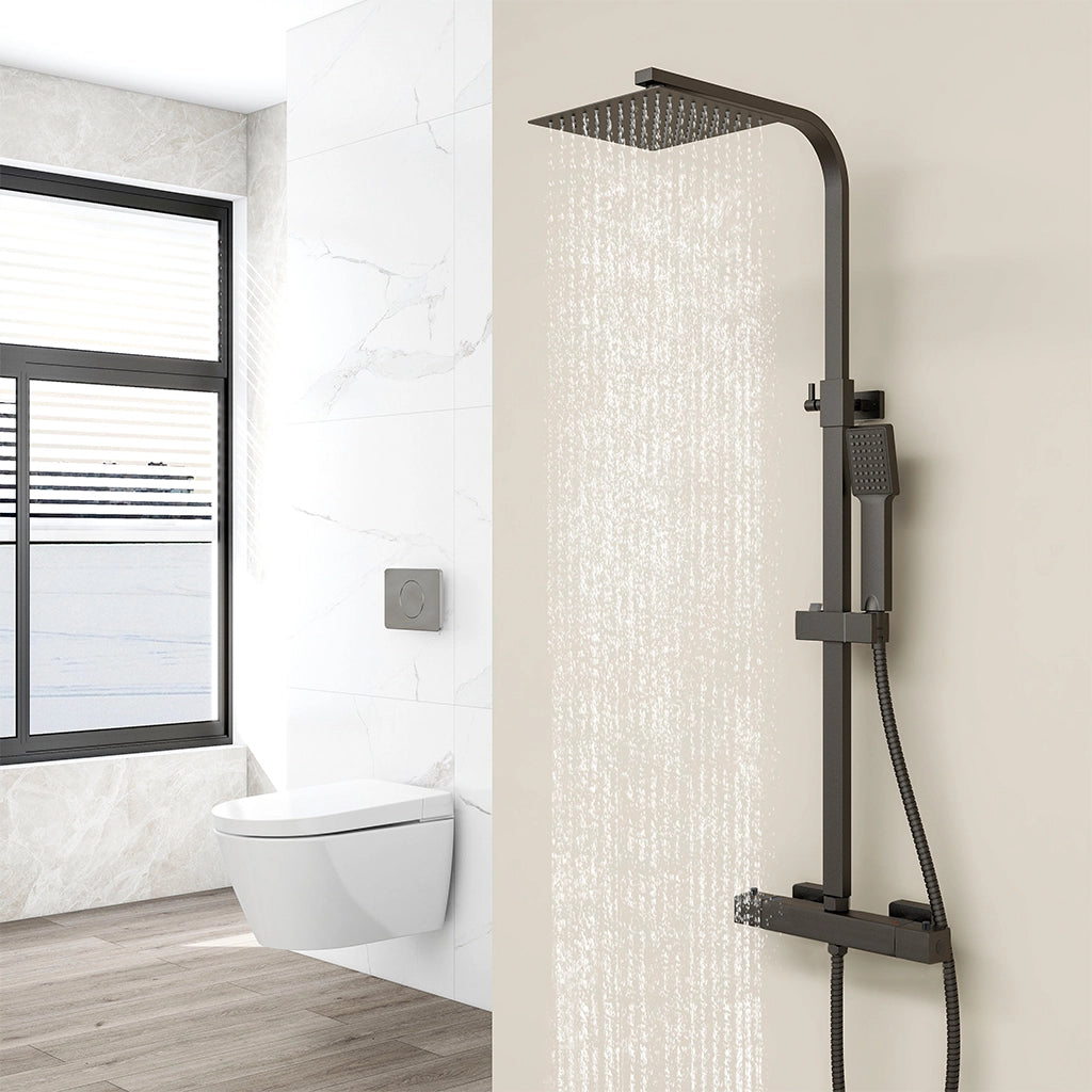 AICA Set Doccia Completo Nero con Soffione, Doccetta, Rubinetto e Saliscendi Quadrati, Miscelatore Termostatico Doccia