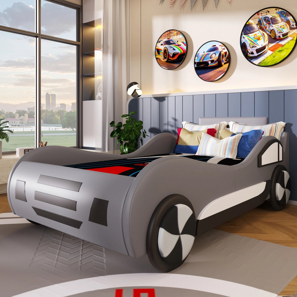 LETTO AUTO PER BAMBINI 90x200 cm Grigio con contenitore idraulico