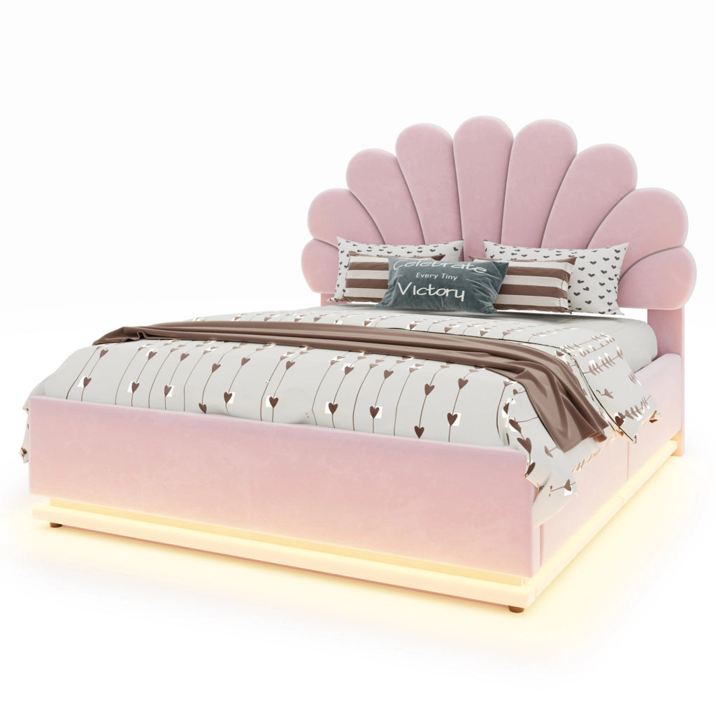 Letto matrimoniale 140x200 cm con contenitore idraulico; LED; testiera a fiore in velluto
