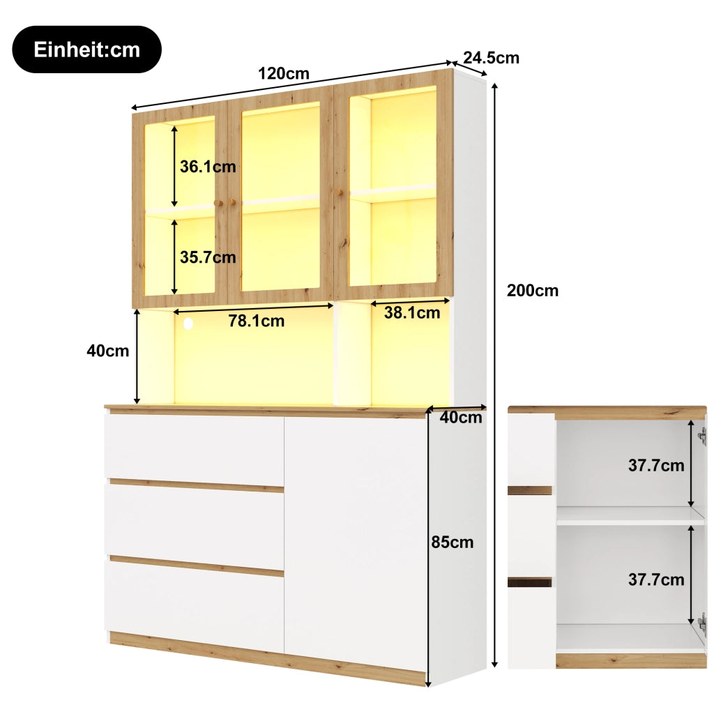Vetrina alta multifunzione con LED, 120 x 200 cm, bianco e rovere, MDF