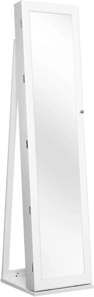 Armadietto Portagioie in Piedi con Specchio Ribaltabile, Armadietto a Specchio per Gioielli con 5 Scomparti, Supporto Triangolare, 157,5x38x38 cm,Bianco