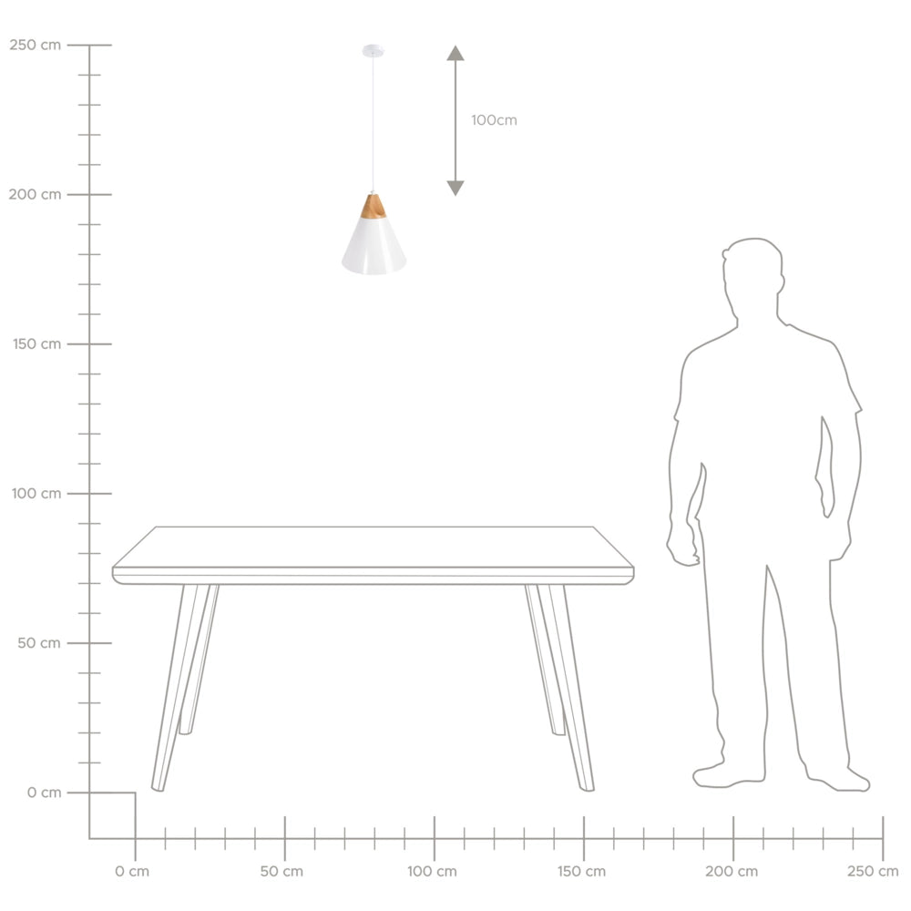 Lampadario in Metallo Bianco e Legno con Paralume a Forma di Cono