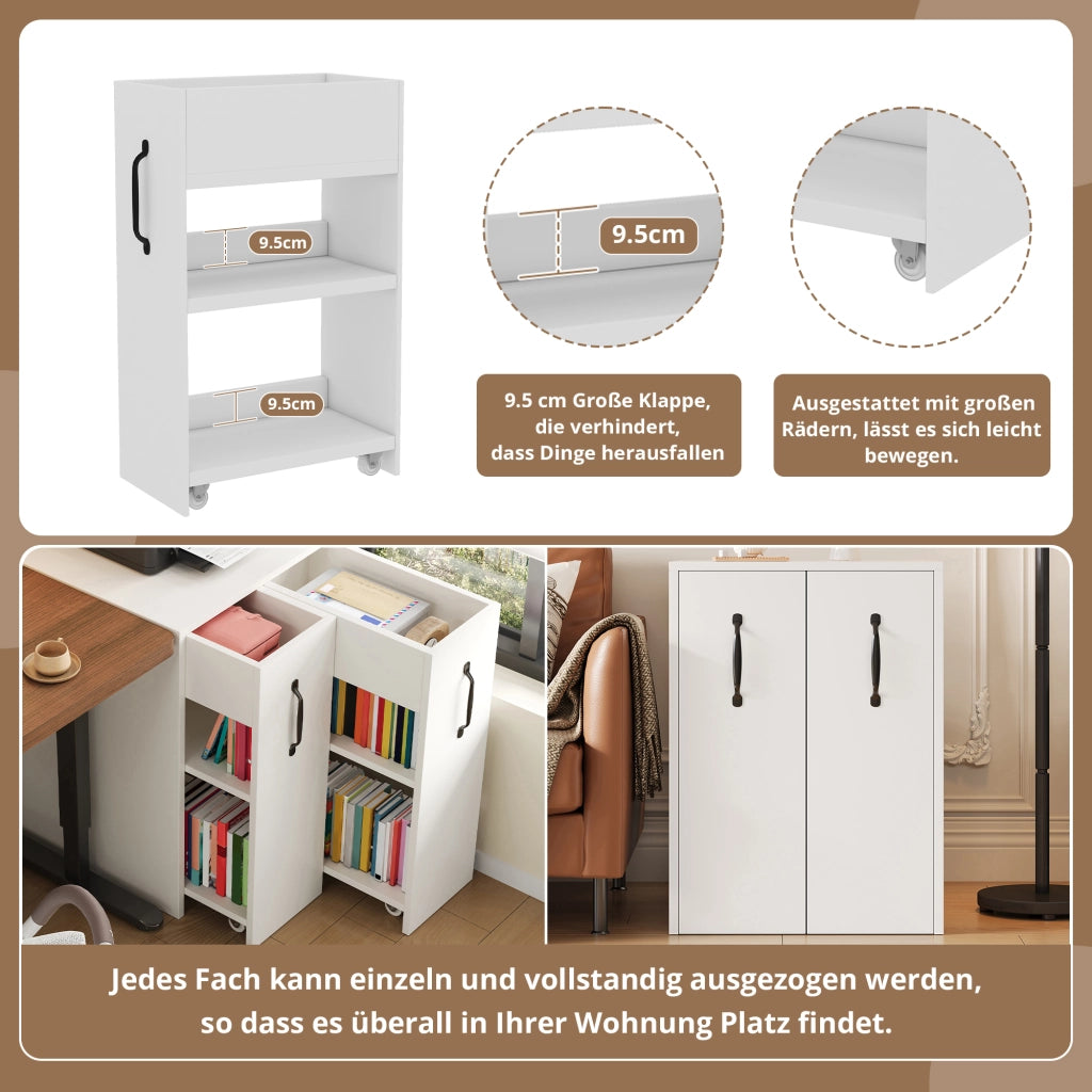 Libreria mobile con 1 cassetto e 2 ripiani, reversibile, con ruote, per soggiorno e bagno, bianco, 52 × 50 × 75 cm
