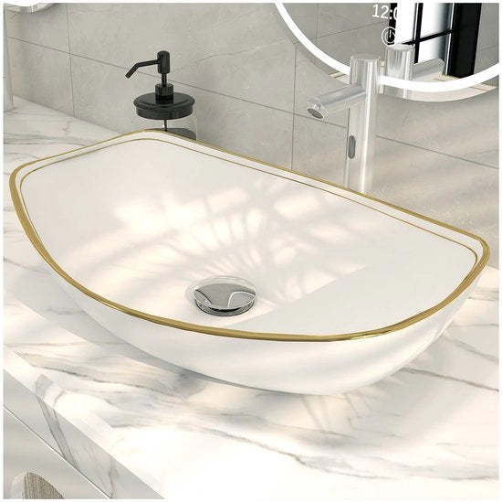 Wastafel con Design Lussuoso - Vasca Ovale Ceramica - Orlo d'Oro - Dimensioni Esterne 56,5 x 40 x 15,5 cm - Apertura di Scarico Standard 4,5 cm - Installazione Facile - Vasca da Doccia